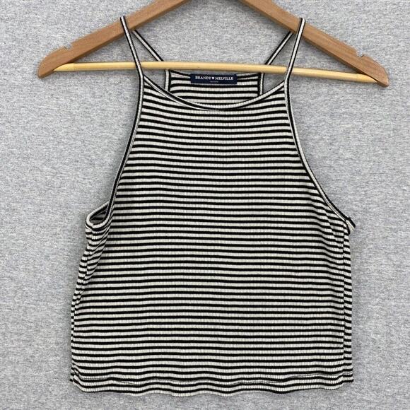 Brandy Melville Top Women One Size Black White Striped Tank Spaghetti Strap Crop - Picture 1 of 10
